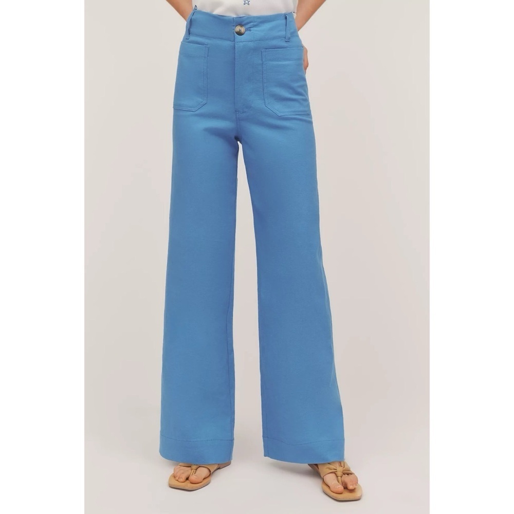 NWT Anthropologie Colette Beachy Linen Full Length Wide Leg Pants Blue 25